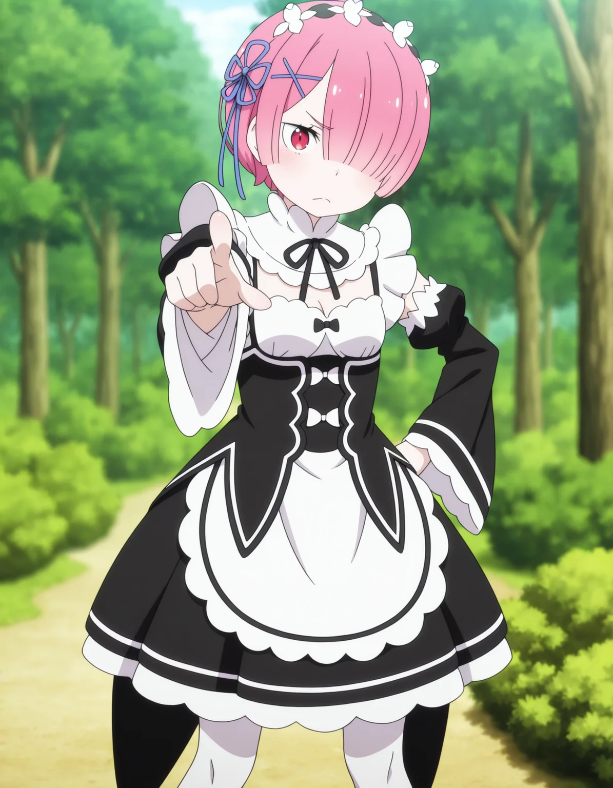 <lora:Ram Illu:1>1girl, solo,
r4m, short hair, pink hair, hair over one eye, red eye,
roswaal mansion maid uniform, white pantyhose, hair ribbon, x hair ornament,
one hand on hip, pointing at viewer, frown, feet out of frame, depth of field, blurry background,
outdoors, trees, leaves,
anime screencap
<lora:cfg_scale_boost:0.7>, masterpiece, best quality, amazing quality