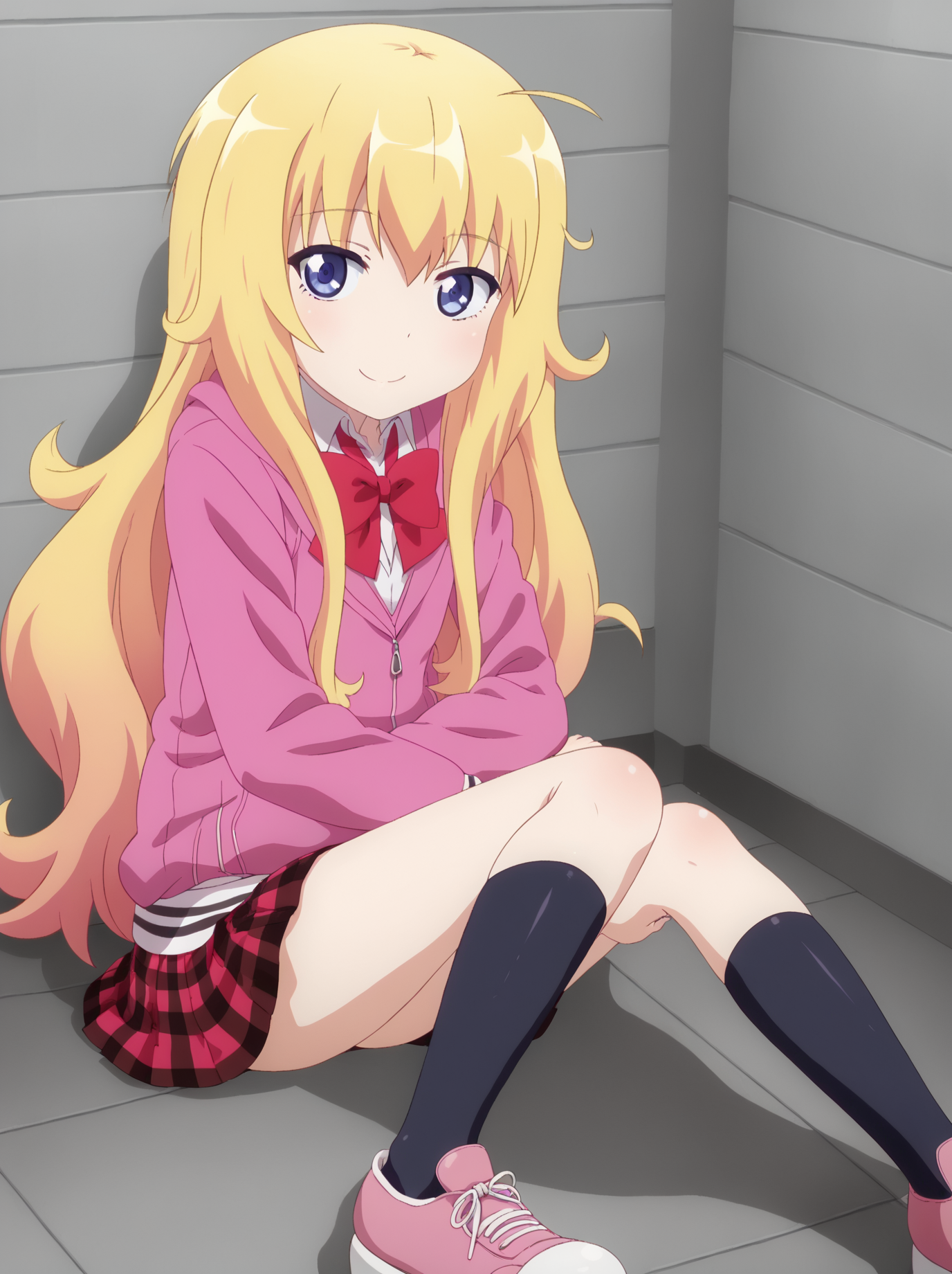 GabT, Gabschool, long hair, blue eyes, skirt, blonde hair, bow, very long hair, school uniform, purple eyes, jacket, ahoge, pleated skirt, shoes, socks, hood, bowtie, plaid, hoodie, red skirt, plaid skirt, black socks, messy hair, sneakers, pink hoodie,  <lora:Doom PonyXL Gabriel White Tenma:1>,
1girl, solo, looking at viewer, smile,