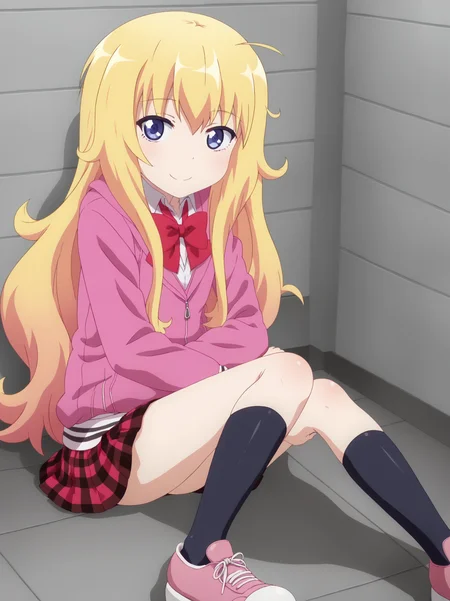 GabT, Gabschool, long hair, blue eyes, skirt, blonde hair, bow, very long hair, school uniform, purple eyes, jacket, ahoge, pleated skirt, shoes, socks, hood, bowtie, plaid, hoodie, red skirt, plaid skirt, black socks, messy hair, sneakers, pink hoodie, <lora:Doom PonyXL Gabriel White Tenma:1>,
1girl, solo, looking at viewer, smile,