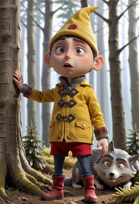 Excellence a puppet cartoon character from stopmotion animated series of a {cute gnome  Vasya  children boy, (very small size:1.36), wearing in yellow hat and yellow Buttoned jacket, red shorts, with (wolf:1.25), wearing in plaid Jacket over a gray turtleneck and skinny jeans, Standing by a tree in a spruce forest, interest on funny face, surprised on funny face, expression of curiosity and intrigue}, masterpiece by (tim burton:1.36), 4k textures, ultra detailed, trending in artstation