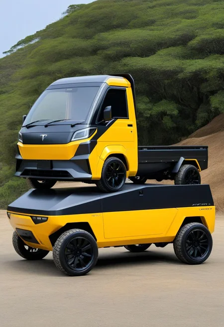 "Daihatsu Hijet Truck S100 yellow color photo of a sks teslacybert_dog tesla cybertruck, adaptative, Interestellar, unreal engine, Pickup , blue, black , steel, origami, TARS, Interestellar, ultrarealistic\"(and Ayami Kojima_hyper realism\" octane render ((spectrogram)),((best quality)), ((masterpiece)),"Create an image that blends the futuristic design of a Tesla Cybertruck with the compact charm of a Daihatsu Hijet Truck S100. Visualize a vehicle with the robust, angular silhouette of the Cybertruck, but scaled down to the size and proportions of the Hijet Truck. Incorporate sleek, metallic surfaces and futuristic LED lighting reminiscent of the Cybertruck, while maintaining the practicality and versatility of the Hijet Truck's design. Let the resulting image showcase a unique fusion of modern innovation and classic utility, offering a fresh perspective on both vehicles' iconic features." ("REPUBLICA DOMINICANA." text logo: 1.4), black, black, graffiti, toxic gas, logo, death, skull mask, cyberpunk mask, hood, giant scythe in ha