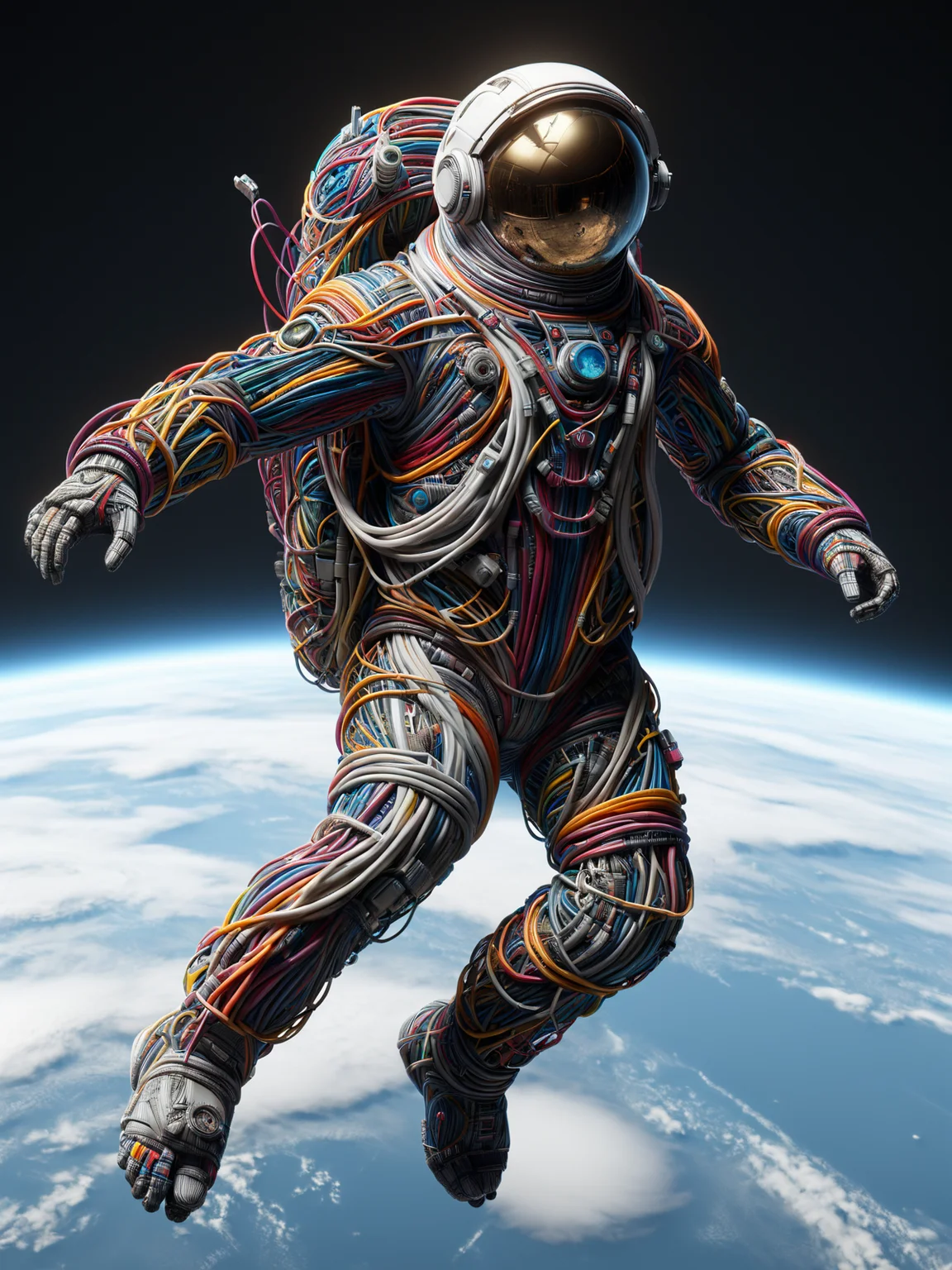 astronaut made of mad-cables floating in orbit of earth, dynamic pose, fullbody <lora:Cables_SDXL:1>, (masterpiece:1.2), best quality, (hyperdetailed, highest detailed:1.2), high resolution textures