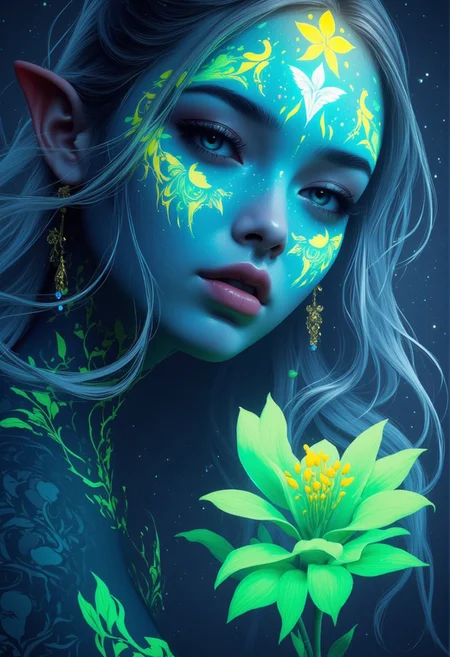 (8k, best quality, masterpiece, ultra high definition:1.2), Create a close-up image of a fantasy elf’s face. Her skin glows with a soft, ethereal light and is adorned with neon tattoos that cover her face in intricate patterns. The tattoos emit a magical glow that illuminates her delicate features. Her eyes are large and bright, subtly changing between shades of blue and green, as if holding an ocean within them. Her long, silver hair frames her face, adding a touch of magic to the scene. The background features a starry sky that enhances the dreamy atmosphere , fantasy art, detail eyes, magic eyes, de01, fca_style, flowers, flowering style, Graphic design, flyer, poster,