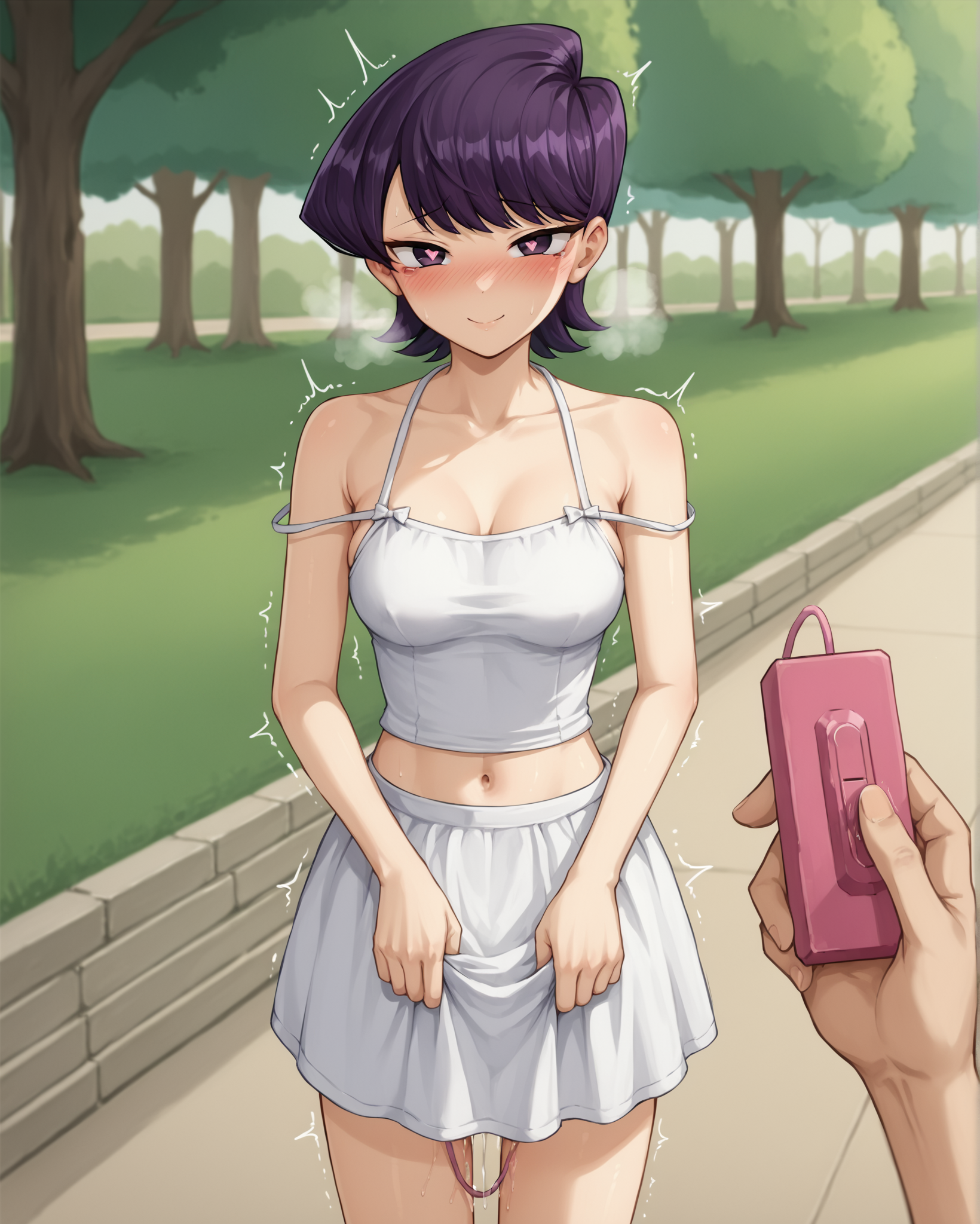 score_9, score_8_up, score_7_up, source_anime BREAK 1girl, solo, komi shuuko, pov, purple hair, purple eyes, short hair, medium breasts, perky breasts, blush, pov_holding_remote, heavy breathing, pussy juice, <lora:POV_holding_vibrator_remote:1>, twitching, heart, looking at viewer, remote, pov hand, egg vibrator, vibrator under clothes, park, bare shoulders, bare arms, smile, heart-shaped pupils, navel, midriff, dress, rating_questionable