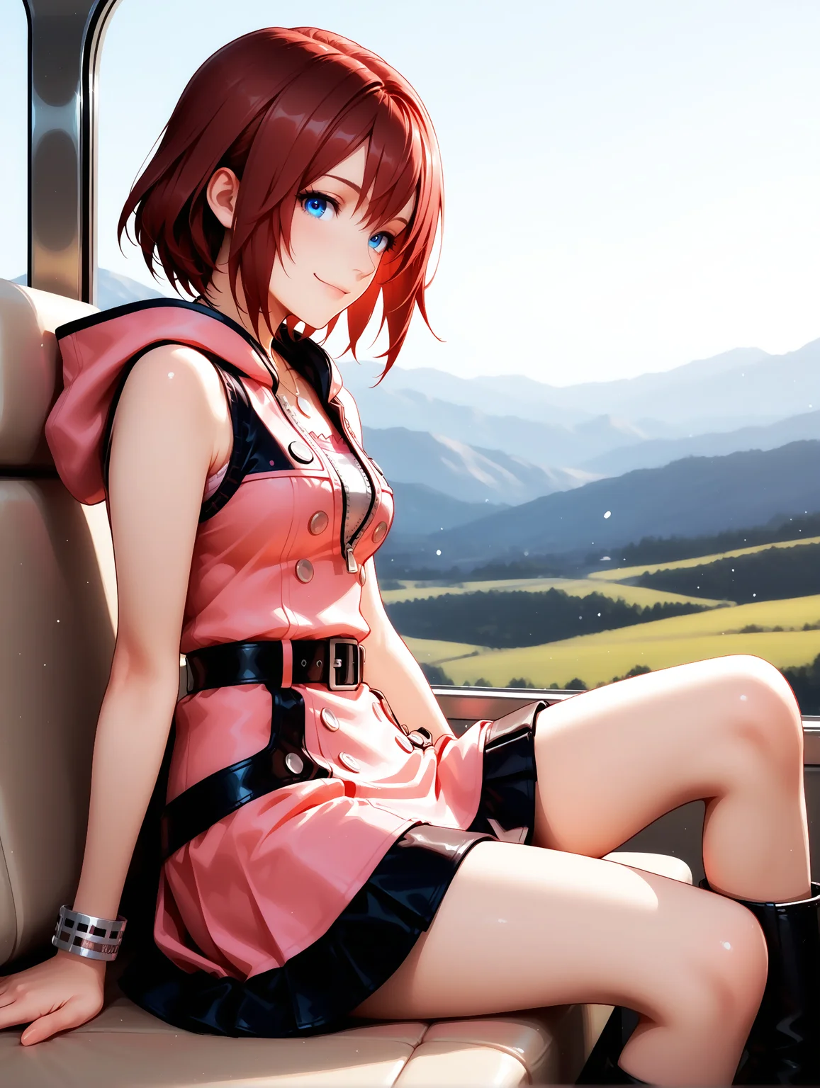 masterpiece, very aesthetic, best quality, amazing quality, solo, imtdkairi3il, 1girl, 20 years old, red hair, brown hair, short hair, blue eyes, dress, sleevesless, pink dress, hood, belt, sleeveless dress, necklace, zipper, hood down, bracelet, zipper pull tab, buttons, bangs, pleated dress, belt buckle, boots, short dress, medium brest, sitting, from side, smile, looking at viewer, beautiful landscape
