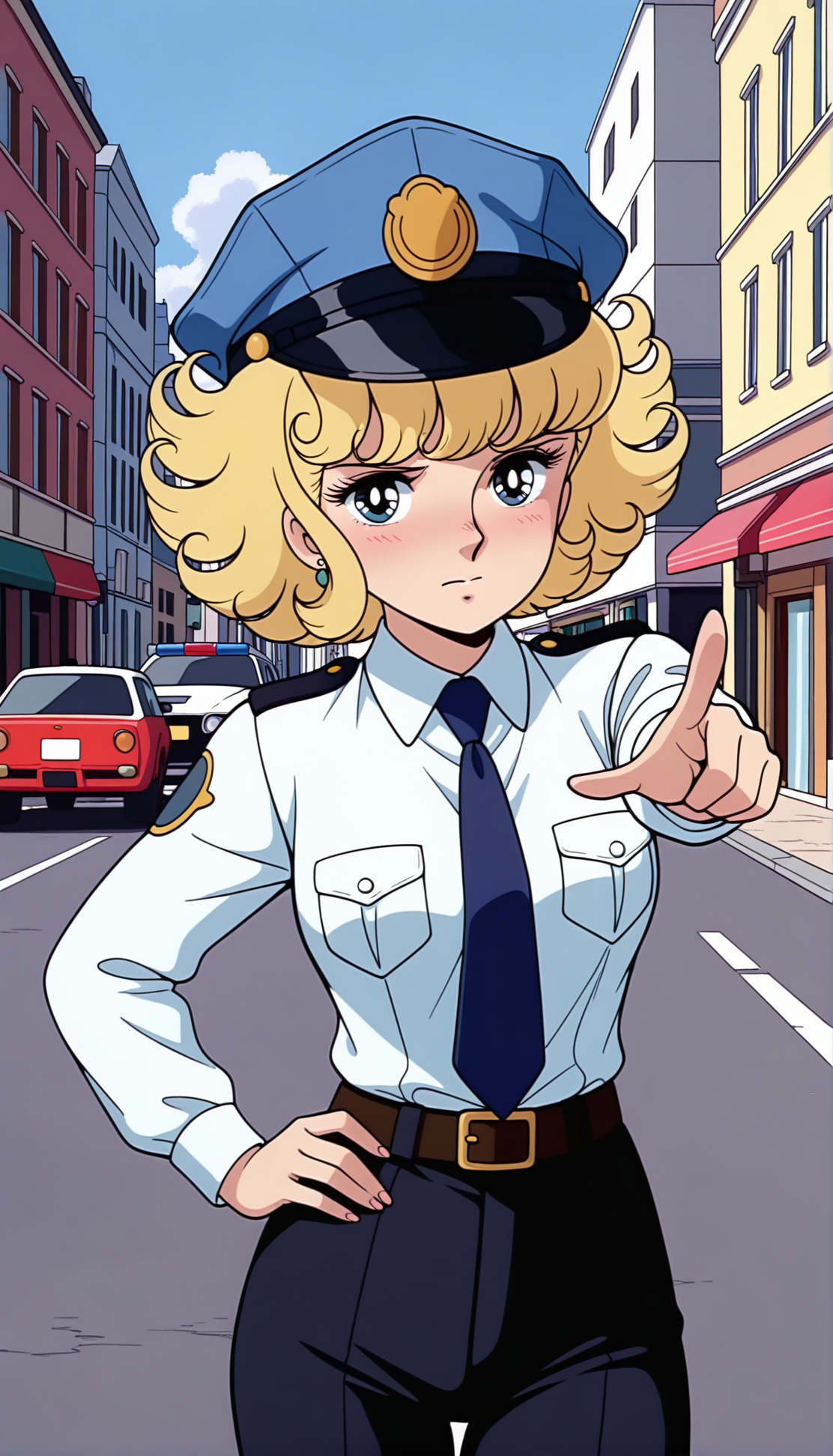 masterpiece,best quality,amazing quality,luluill,1girl,solo,1970s \(style\),retro artstyle,blonde hair,short hair,curly hair,blue eyes,police,police uniform,uniform,hat,ground vehicle,outdoors,necktie,blue necktie,shirt,car,policewoman,police hat,pointing,looking at viewer,building,closed mouth,pants,belt,collared shirt,earrings,hand on hip,pointing at viewer,black pants,white shirt,blush,jewelry,day,long sleeves,road,pocket,street,breasts,standing,cowboy shot,city,<lora:luluill:0.8>,
