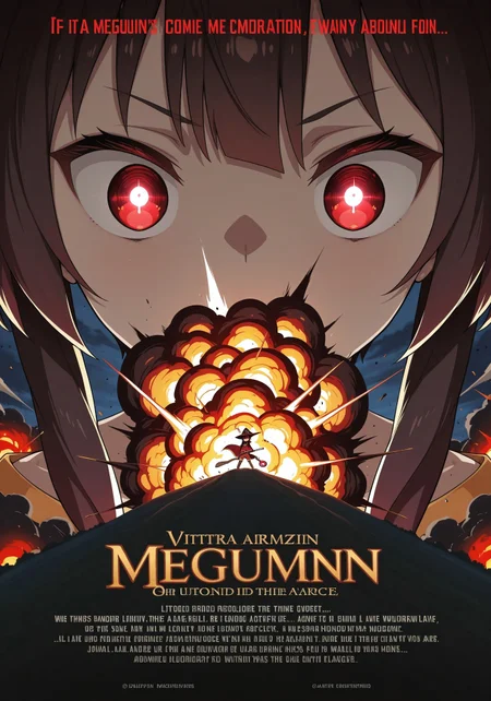 masterpiece, amazing quality, best quality, ultra-detailed, 8K, ultra-detailed-eyes, newest, highres, absurdres, english text, megumin, explosion, glowing eyes, red eyes,