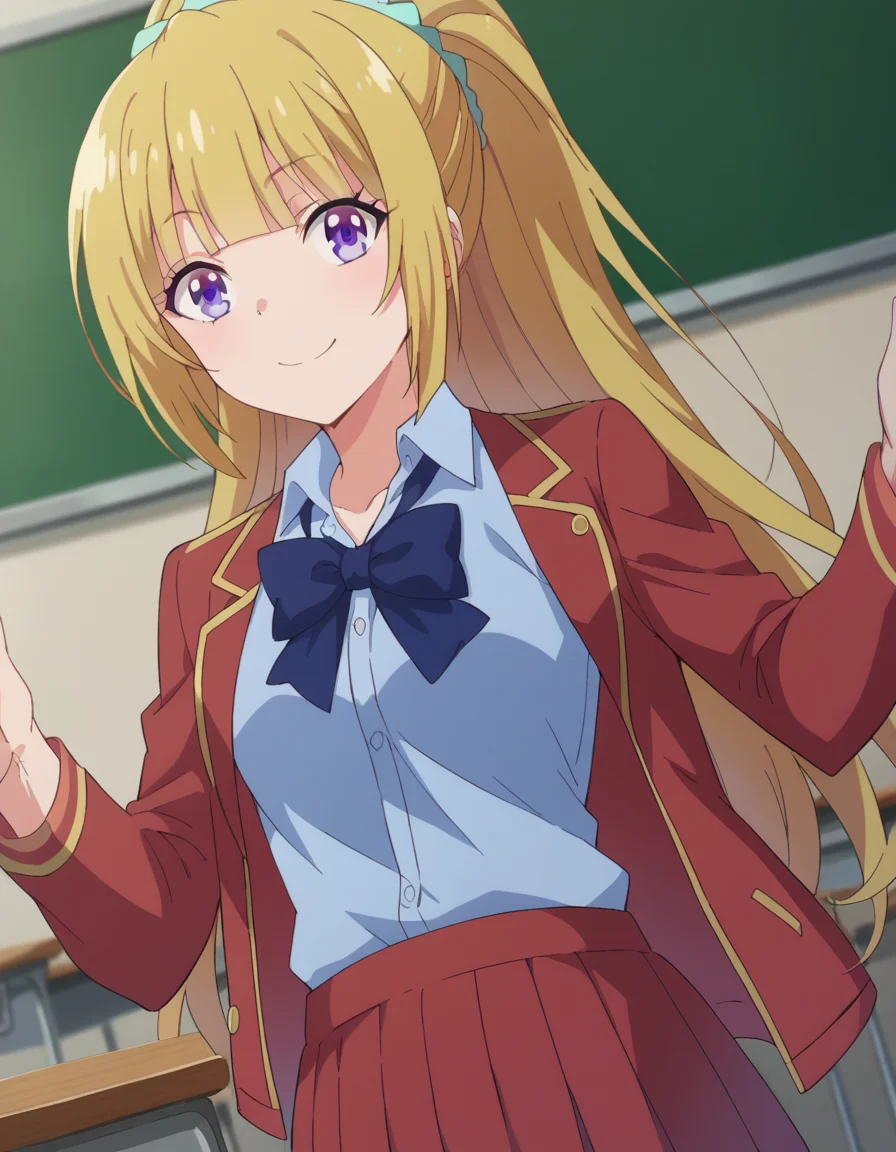 score_9, score_8_up, score_7_up, source_anime,
keikaruizawa, <lora:kei-karuizawa-anime-s2-ponyxl-lora-nochekaiser:1>,
kei karuizawa, long hair, bangs, blunt bangs, purple eyes, blonde hair, shirt, hair ornament, ponytail, scrunchie, blue scrunchie, smile,
skirt, shirt, bow, school uniform, jacket, red jacket, pleated skirt, bowtie, sweater, blue bow, blue shirt,
indoors, classroom,
looking at viewer, cowboy shot, dutch angle,