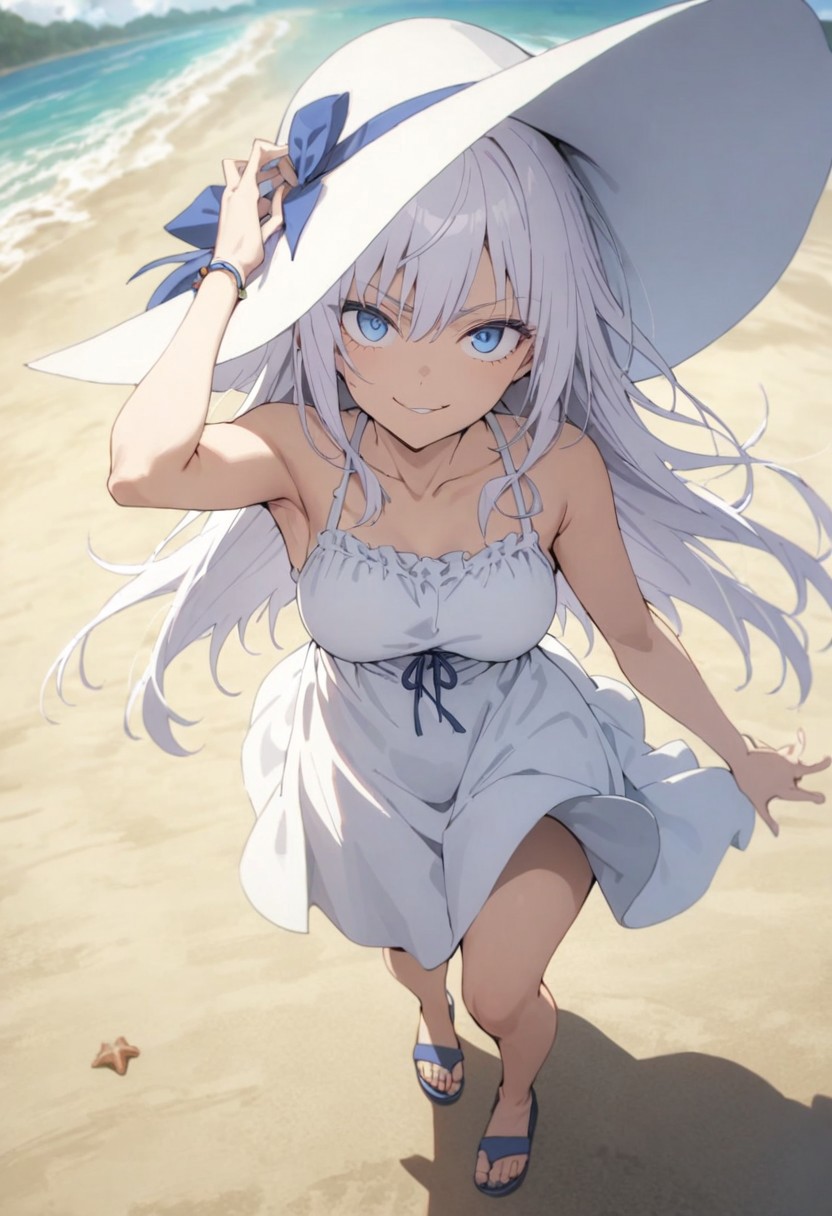 score_9, score_8_up, score_7_up, score_6_up, masterpiece, best quality, absurdres, cinematic, dynamic angle, perfect composition, solo, 1girl, medium breast, gojo satoru, blue eyes, white hair, long hair, wide-brimmed hat, summer dress, sundress, sandals, beach setting, smirk, standing, looking at viewer,