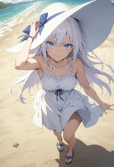 score_9, score_8_up, score_7_up, score_6_up, masterpiece, best quality, absurdres, cinematic, dynamic angle, perfect composition, solo, 1girl, medium breast, gojo satoru, blue eyes, white hair, long hair, wide-brimmed hat, summer dress, sundress, sandals, beach setting, smirk, standing, looking at viewer,