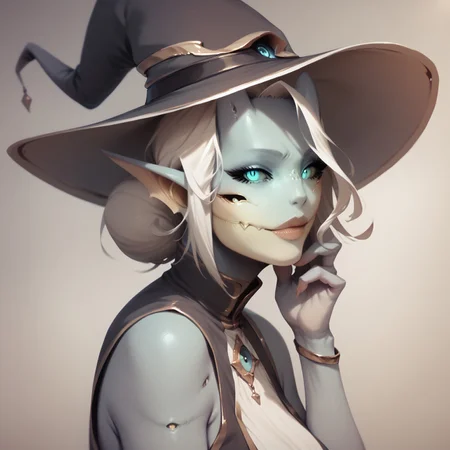 safe_pos, ,score_9, score_8_up, score_7_up, score_6_up, score_5_up, score_4_up, breasts, fishnet pantyhose, detailed face, high quality, high resolution, detailed body, , butt, blue skin, blue face skin, witch hat, ,Zamite, four eyes, horns, zPDXL3