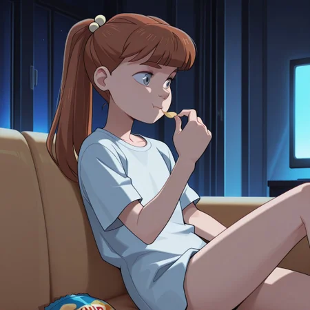aijalon, masterpiece, high quality, volumetric lighting, dynamic pose, dynamic angle, detailed background, Anime screencap,
((1girl, solo, m_g, 1girl, brown ponytail hair, bangs, hairpin, small body, skinny body, grey eyes, summer dress, long hair)), detailed face, 1girl, solo, alone, indoors, sitting on couch, watching tv, eating chips, night, dark room, white oversized t-shirt, no pants,