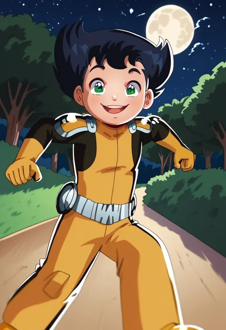 score_9, score_8_up, score_7_up, highly detailed, CuteCartoonStyle, cute boy, 1boy, solo,  Tony_Clark, Black Hair, Green Eyes, Dark Skin, Yellow Bodysuit, Yellow Gloves, Yellow Pauldrons, Yellow Boots, Belt,  at night, full moon, running, motion blur, smug smile, park
DSCStyle, round eyes, exaggerated proportions, cartoonish features, anime-inspired, cute aesthetics, cartoonish proportions, highlights,smooth lines, glossy highlights, minimal detail, clean outlines, consistent line weight, gentle highlights