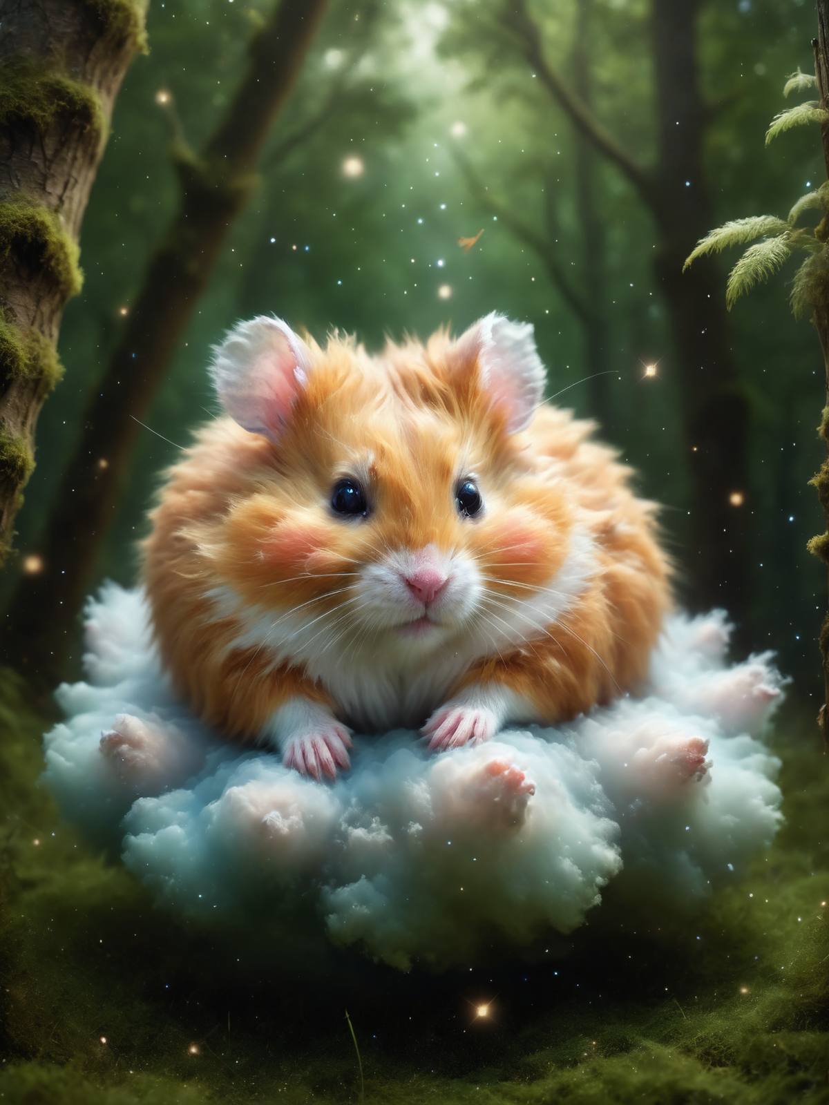 golden hamster sleeping on a  cloud made of mad-nbla in the (forest, grass, trees:1.3) <lora:Space_Nebula_Style_SDXL:0.85>, (masterpiece:1.2), best quality, (hyperdetailed, highest detailed:1.2), high resolution textures