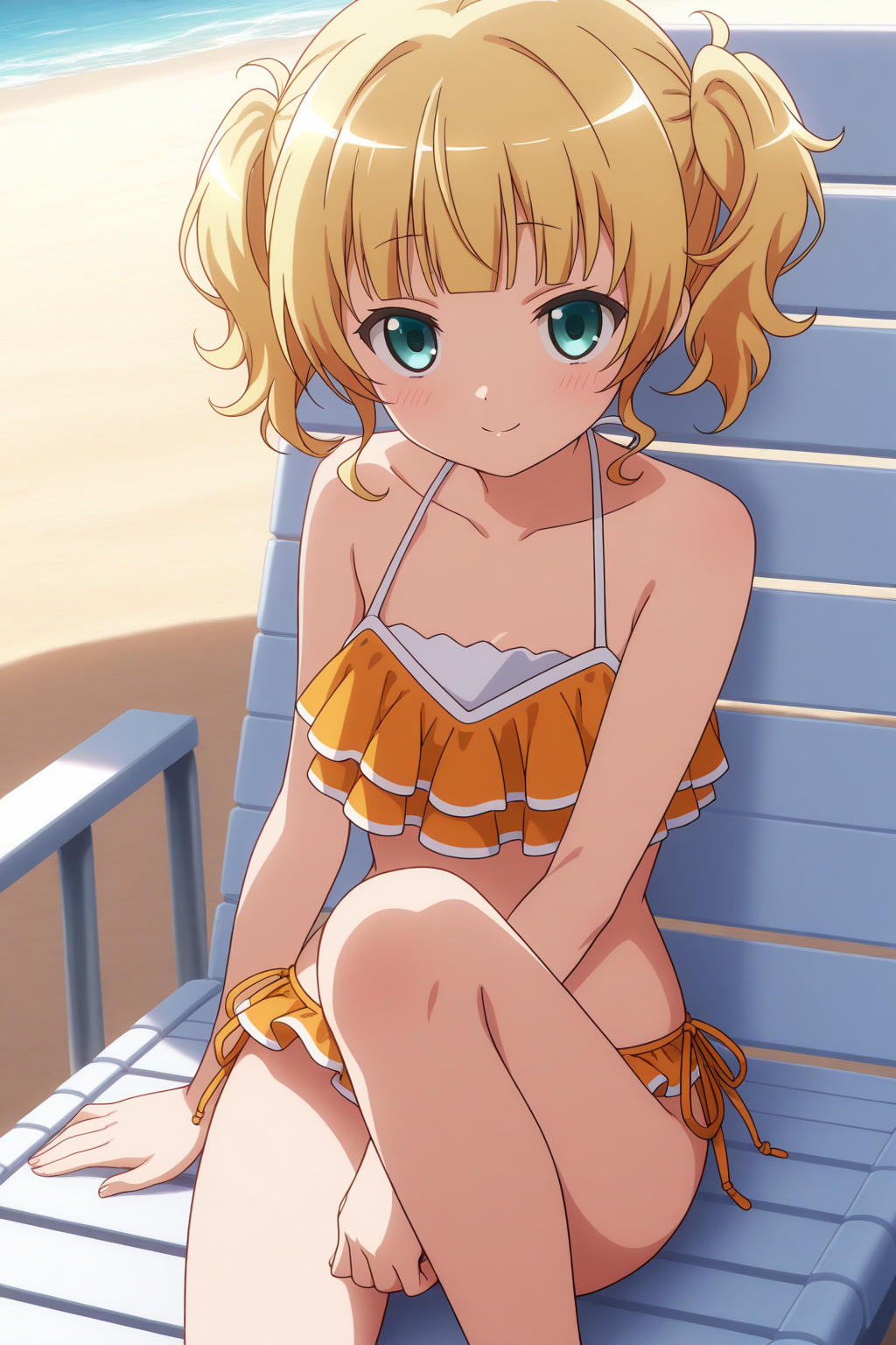 very awa, (vivid colors), detailed eyes, shining eyes, masterpiece, best quality, ultra-detailed, (8k), (hdr), (ultra-detailed), absurdres, looking at viewer, solo, 1girl, girl, outdoors, beach, day, smile, aasyaro, blue eyes, blonde hair, wavy hair, short twintails, syaroswim, swimsuit, orange bikini, bikini skirt, frilled bikini, side-tie bikini bottom, ((sitting, lounge chair, one knee up, cowboy shot))