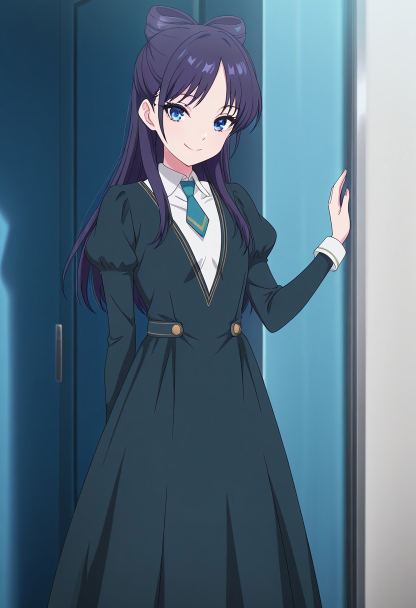 (absurdres, best quality, masterpiece:1.4), amazing quality, highres, newest, detailed, detailed body, detailed face, source anime, anime coloring, beautiful, petite, 
BREAK
WWNemu, 1girl, solo, standing, smile, NemuAniHu, dark purple hair, bow-shaped hair, parted bangs, half updo, blue eyes,  v-neck dress, white inner collared shirt, Short necktie, juliet sleeves, long skirt, side pockets
