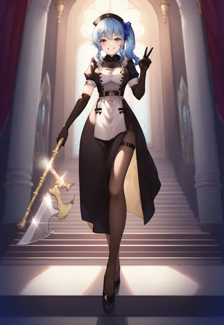 safe_pos, score_9, score_8_up, score_7_up, score_6_up, masterpiece, high quality, 1girl, tall_girl,long_legs, Beautiful Finger,<lora:Hand v3 SD1.5:1>, Hand, Perfect hand, Detailed hand, perfect face, expressive eyes, perfect balance, detailed face, perfect lighting, newest, best quality, absurdres, highres, very aesthetic, Colorful, eyebrows visible through hair, SimplePositiveXLv2, full view, 200 cm tall, full body, full body shots, cowboy shot, looking at viewer, looking down, 1girl, HoshimachiSuisei, side ponytail, long side pony tail, blue hair ribbon, SuiseiMaid, long hair, black nurse cap, double-breasted grey apron, chest belt, elbow gloves, crinoline, black pantyhose, high_heels, very long legs, narrow waist, elegant, light smile, indoor, in a grand castle, luxury palace, scenery, looking at viewer, grin, walking down stairs, stairs, holding long axe, hunter's axe, walking