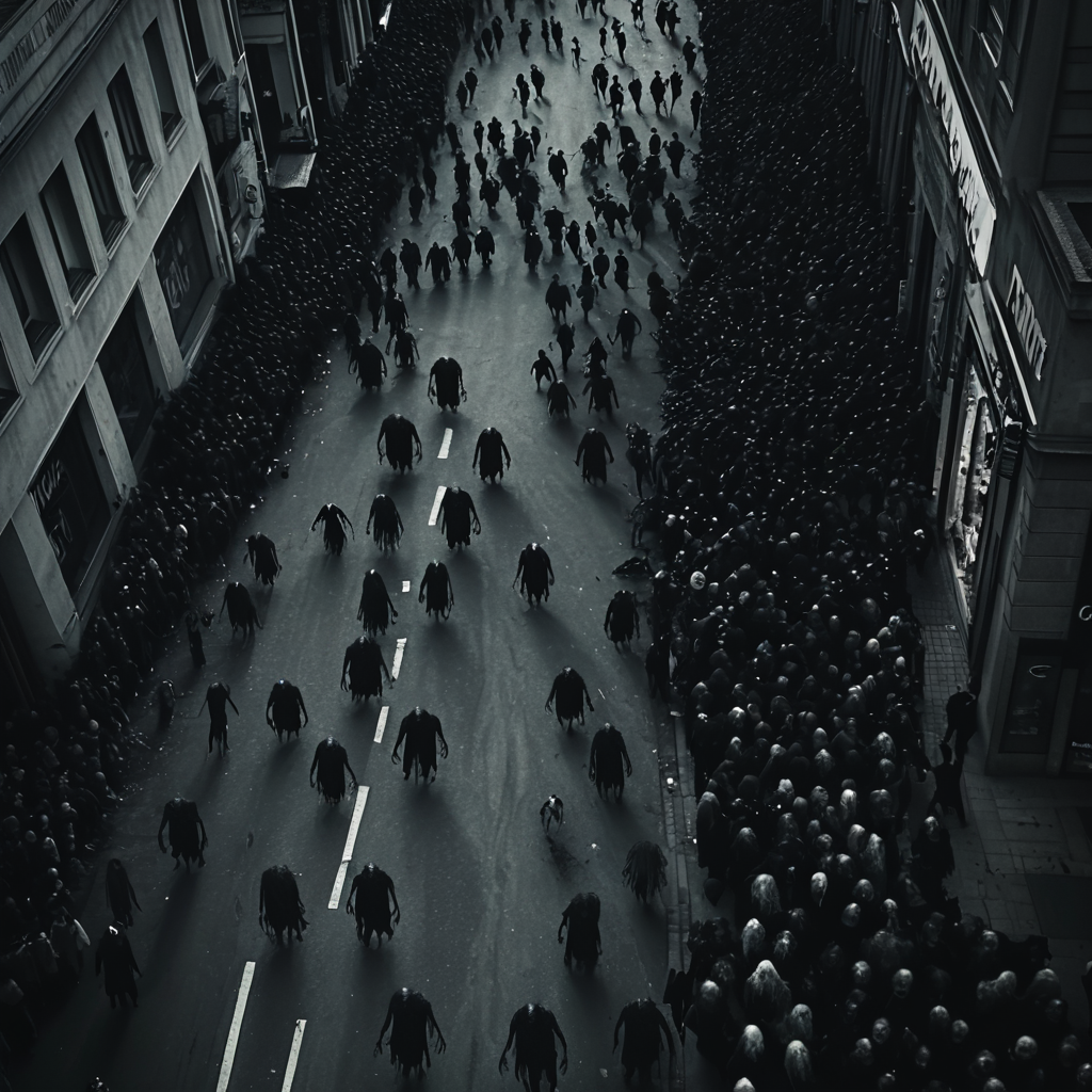 horrorcctvlora, street, horror (theme), monster, zombie crowd, monochrome, bird view