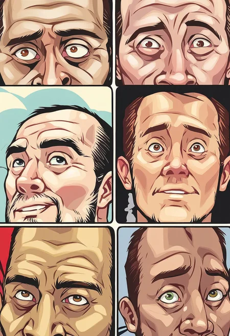 score_8_up, multiple boys, multi-eye-focus, tall format, 2d, volumetric lighting, masterpiece, multi-eye-focus,, eye focus, multiple panels, ((tall format)), extreme close up