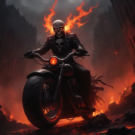 Dark Fantasy Art, Dark Moody Atmosphere, dramatic, mysterious, dark moody atmosphere, dark, moody, dark fantasy style, realistic anime,
BREAK,
Ghost Rider rockets up the skyscraper, his flaming motorcycle scorching a fiery path over glass and steel,
BREAK,
His skull, engulfed in hellfire, casts a sinister, flickering glow, with empty eye sockets seething with vengeful fire,
BREAK,
Flames curl around his skeletal form, his leather jacket and pants seared and frayed, smoldering as he rides,
BREAK,
sitting on his bike, (((cracked roadway))), cracked road, skull, from side, low angle shot, close up shot, detailed afce, detailed skull, front view, wide angle, burning wheels and bike, chopper motorcycle, chopper, burning engine, leaking lava from cracked road, red sunset,
detailed bike,