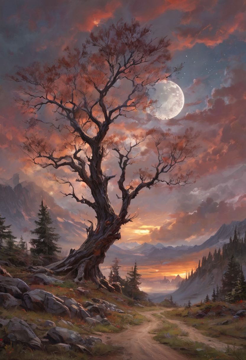 the image presents a surrealistic landscape scene. dominating the background is a large mountain, adorned with a red orange hue that transitions into deep orange and brown hues near the peak. the mountain's top is capped with a red light, adding an eerie glow to the scene. in the foreground, there's a tree with gnarled branches reaching out towards the sky, reminiscent of a bony hand. this tree appears to be made of black lines against a backdrop of red orange clouds. above, the night sky is visible, with the moon casting a soft white light. despite being set at night, the colors and lighting give the scene a dreamy and ethereal quality., romantic impressionism, dream scenery art, beautiful oil matte painting, romantic, style of thomas kinkade, beautiful digital painting, anime landscape, romantic painting, thomas kinkade style painting, dreamlike digital painting, colorful painting, beautiful gorgeous digital art, style thomas kinkade