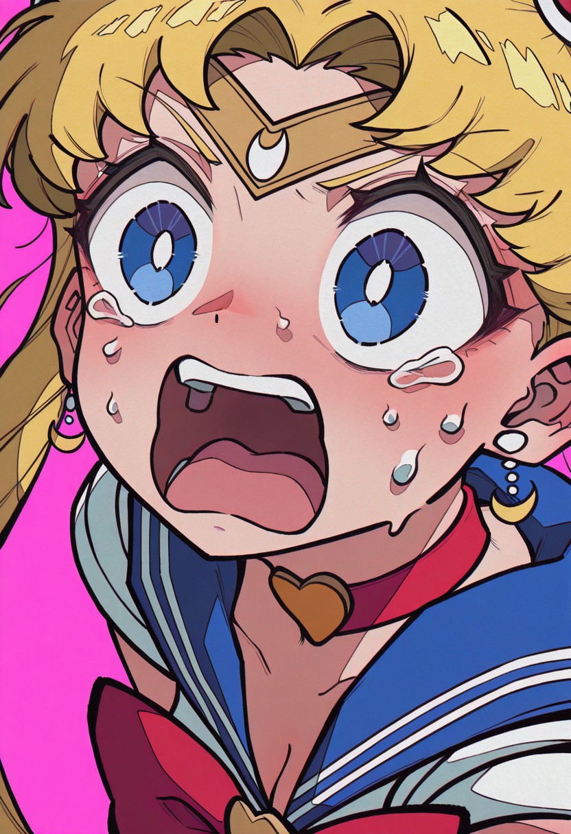 masterpiece, best quality, amazing quality, very aesthetic, absurdres, newest, Yaya Artstyle, fisheye view.
sailor moon, blonde hair, blue eyes, open mouth, surprised, 
pink background