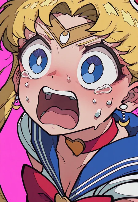 masterpiece, best quality, amazing quality, very aesthetic, absurdres, newest, Yaya Artstyle, fisheye view.
sailor moon, blonde hair, blue eyes, open mouth, surprised,
pink background