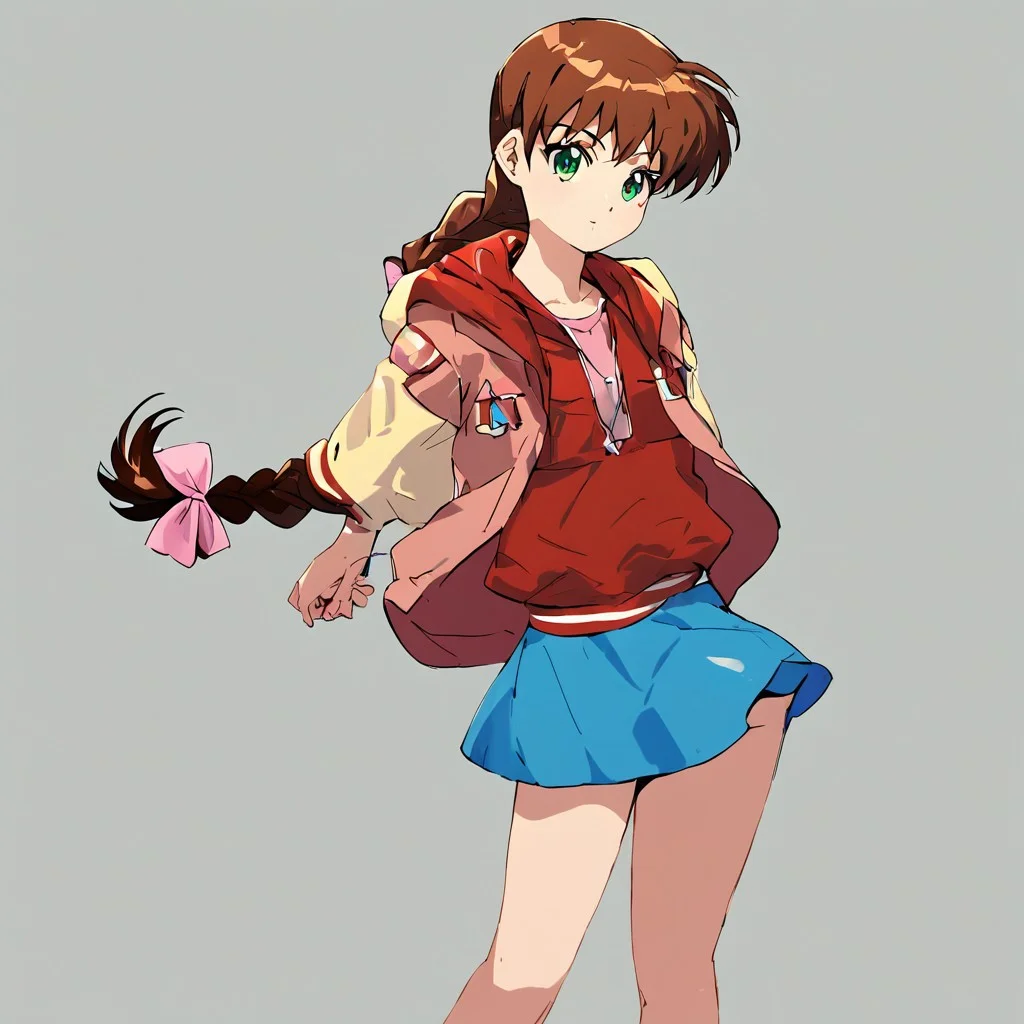 score_9, score_8_up, score_7_up, satsukimiyanoshita, 1 girl, solo, brown hair, long hair, braid, green eyes, hood, hooded jacket, skirt, mini skirt, blue skirt, hair bow, single braid,