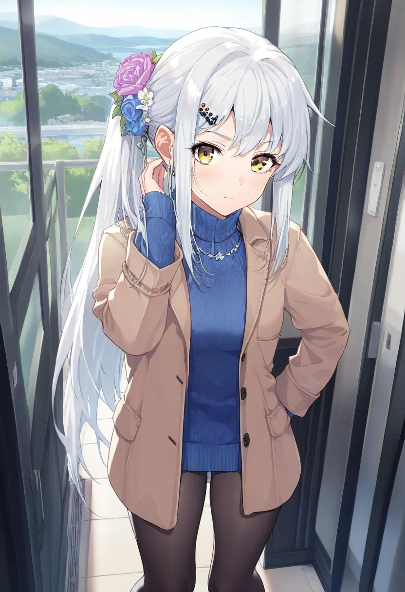 masterpiece,best quality,amazing quality,very aesthetic,absurdres,newest,scenery,<lora:yagi yui_Mahjong Soul_ilxl_v1-000015:1>,yagi yui,1girl,solo,white hair,long hair,yellow eyes,ponytail,brown jacket,blue sweater,looking at viewer,standing,black pantyhose,hair flower,standing,upper body,pov,open clothes,