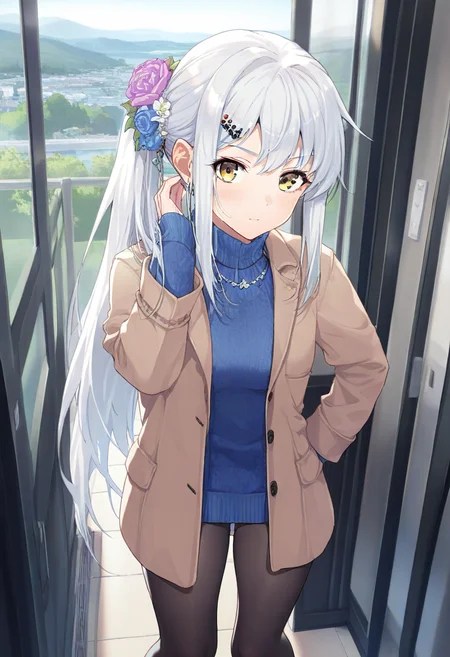 masterpiece,best quality,amazing quality,very aesthetic,absurdres,newest,scenery,<lora:yagi yui_Mahjong Soul_ilxl_v1-000015:1>,yagi yui,1girl,solo,white hair,long hair,yellow eyes,ponytail,brown jacket,blue sweater,looking at viewer,standing,black pantyhose,hair flower,standing,upper body,pov,open clothes,