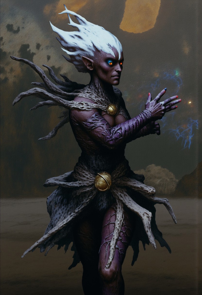 b3rs3rk macro lens d4concept pov, 3D01S, simple background d4artstyle atmospheric and powerful MikeFranchinastyle dark fantasy, natural organic and first person pov of a berserk style creature in the Tsutomu Nihei style
Dark elf warrior, ebony skin with a slight metallic sheen, contrasting shock-white hair ranging from short and tousled to long and flowing. Sharp, angular facial features with high cheekbones and pointed ears. Piercing eyes that glow with inner light, colors varying from amber to pale lavender. Athletic, lithe body clad in intricate, form-fitting armor made of overlapping weaved plates and scales in deep dark purples, blacks, and gunmetal grays. PaperStyle Armor design includes ornamental  bladed edges, suggesting both protection and offensive capabilities. Wielding an assortment of weapons including curved swords, throwing stars, and magical whips made of crackling energy. Poses range from dramatic action stances to regal portraits, conveying both lethal grace and commanding presence. Background alternates between shadowy caverns, fiery underworld landscapes, and medieval fantasy cityscapes bathed in golden light. Art style spans from highly detailed digital paintings to stylized fantasy illustrations, with emphasis on dramatic lighting and shadow play to accentuate the character's mysterious and dangerous aura
UHD letterboxed game trailer frame chromatic aberration dark atmosphere sharp masterpiece with a focus on the character, elden ring, dark atmosphere