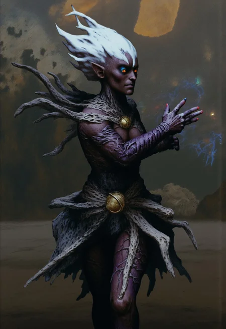 b3rs3rk macro lens d4concept pov, 3D01S, simple background d4artstyle atmospheric and powerful MikeFranchinastyle dark fantasy, natural organic and first person pov of a berserk style creature in the Tsutomu Nihei style
Dark elf warrior, ebony skin with a slight metallic sheen, contrasting shock-white hair ranging from short and tousled to long and flowing. Sharp, angular facial features with high cheekbones and pointed ears. Piercing eyes that glow with inner light, colors varying from amber to pale lavender. Athletic, lithe body clad in intricate, form-fitting armor made of overlapping weaved plates and scales in deep dark purples, blacks, and gunmetal grays. PaperStyle Armor design includes ornamental bladed edges, suggesting both protection and offensive capabilities. Wielding an assortment of weapons including curved swords, throwing stars, and magical whips made of crackling energy. Poses range from dramatic action stances to regal portraits, conveying both lethal grace and commanding presence. Background alternates between shadowy caverns, fiery underworld landscapes, and medieval fantasy cityscapes bathed in golden light. Art style spans from highly detailed digital paintings to stylized fantasy illustrations, with emphasis on dramatic lighting and shadow play to accentuate the character's mysterious and dangerous aura
UHD letterboxed game trailer frame chromatic aberration dark atmosphere sharp masterpiece with a focus on the character, elden ring, dark atmosphere