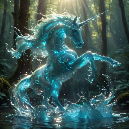 side photo, profile, unicorn creature, dynamically posed and crafted entirely from water, Its body should be a swirling mix of blue and turquoise hues, embodying the fluidity and translucency of water. water glowing inside, Surround the creature with splashes and droplets to emphasize its aquatic nature. The background dramatic dreamy sunny forest, light rays, light goes through the water, resembling dispersed water. render realistic lighting and shadows, giving depth to the watery form, volumetric lighting, <lora:sss:1>, <lora:glowneon_xl_v1:1>, <lora:SDXLFaeTastic2400:0.5>, <lora:MJ52:0.3>
