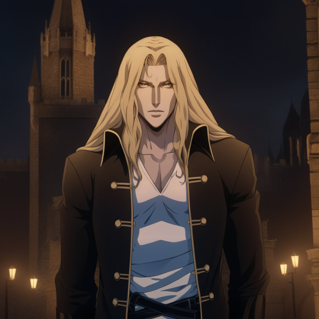 insanely dynamic illustration of anime style ALCRD man, close-up, annoyed, long wavy blonde hair. best quality, high resolution. crazy artstyle, careless brushstrokes, emotional and fun, ALCRD man, facing viewer, black coat, (white undershirt:1.2), annoyed, long wavy blonde hair, pale yellow eyes, scar on chest,standing in front of a gothic castle at night, anime style ALCRD man, close-up, annoyed, long wavy blonde hair, cinematic, highly detailed, sharp focus, handsome, intricate, elegant, extremely stylish, glowing light, iconic, innocent, dramatic background, bright colors, fine detail, professional, artistic, ambient, sublime, cool, creative, best, awesome, full pretty, perfect, attractive