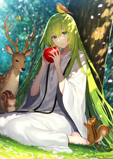 enkidu \(fate\), fate \(series\),

1other, green eyes, hair between eyes, green hair, long hair, very long hair,

white robe,

sitting, looking at object, against tree, holding fruit, bird on head,

nature, day, dappled sunlight, tree, grass, petals, squirrel, deer, butterfly, 

perspective, dutch angle,

(aora:0.7) , (redrop:0.6), (wada arco:0.5),

(very awa, very aesthetic, masterpiece, best quality, highres, absurdres, :1.2)