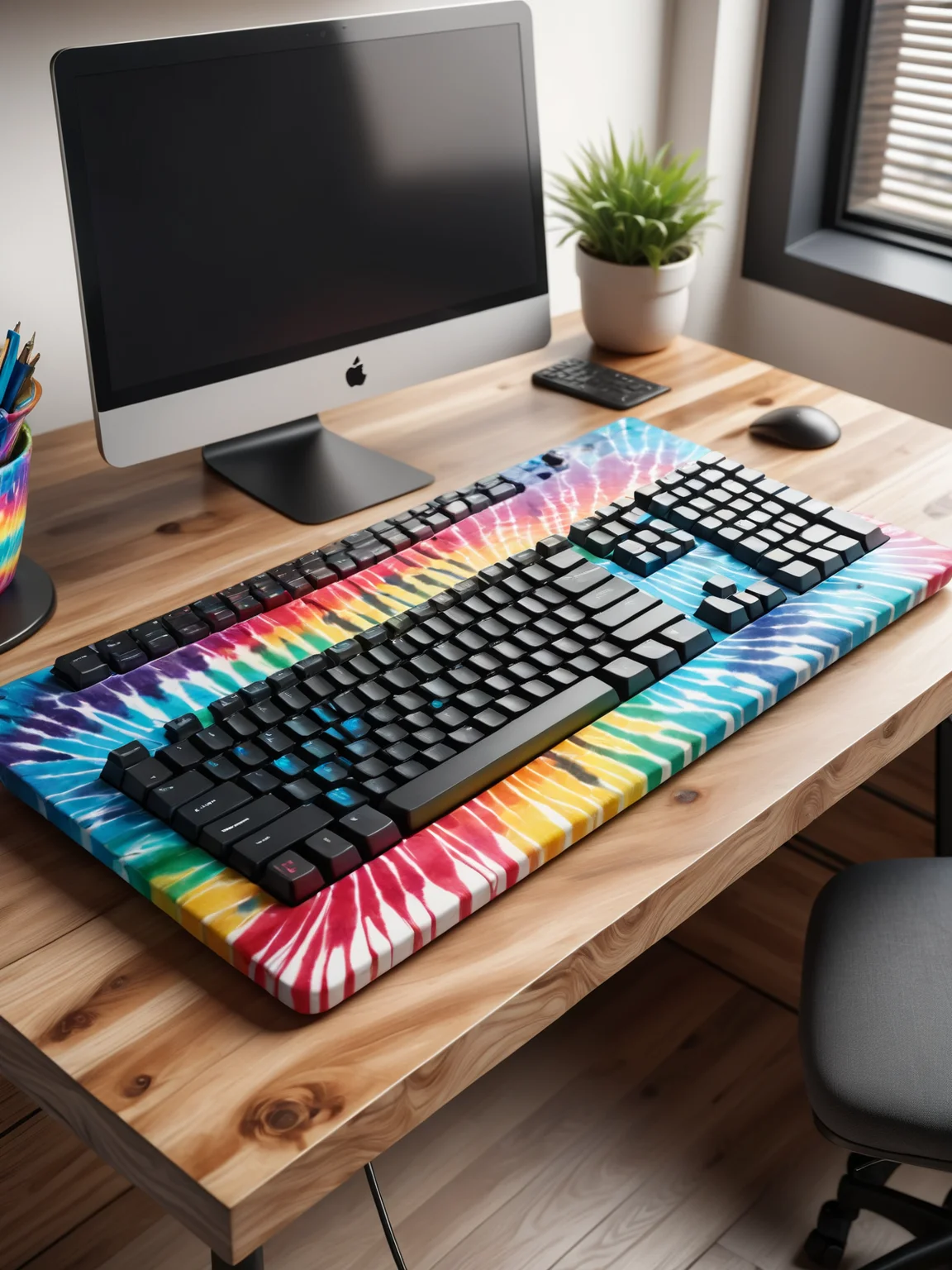 Computer with mad-tiedye keyboard on wooden desk in office, <lora:Colorful_Tie-Dye_SDXL:0.5>, (masterpiece:1.2), best quality, (hyperdetailed, highest detailed:1.2), high resolution textures