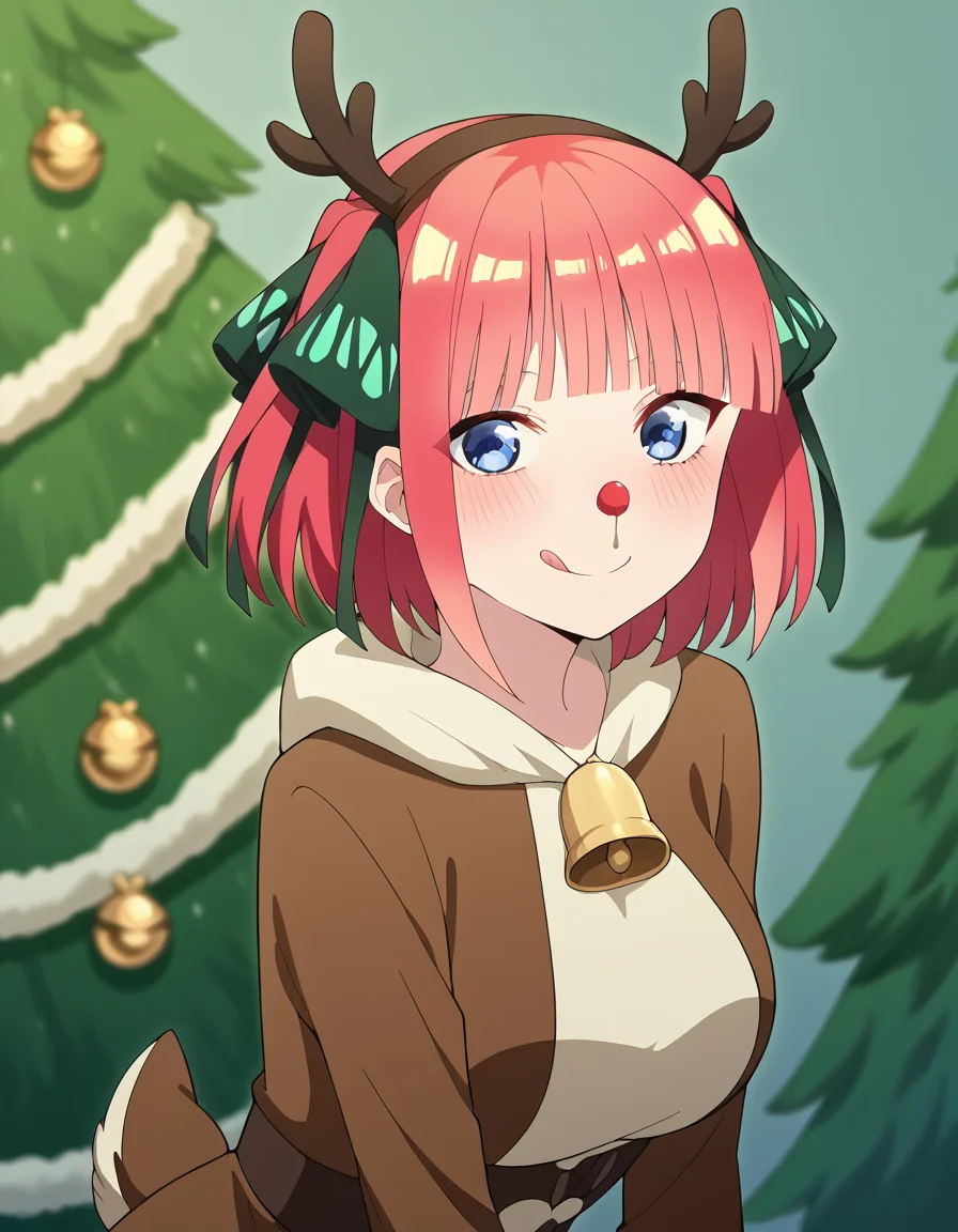 score_9, score_8_up, score_7_up, source_anime, <lora:nnakano-s2-ponyxl-lora-nochekaiser:1>, short hair, bangs, blue eyes, hair ornament, hair ribbon, pink hair, blunt bangs, two side up, butterfly hair ornament, large breasts,, <lora:reindeer-costume-ponyxl-lora-nochekaiser:1>, reindeer costume, animal costume, reindeer antlers, antlers, fake antlers, reindeer hood, christmas, red nose, deer ears, deer tail, christmas tree, bell, horns, reindeer,, blush, smile, tongue out, looking at viewer,,