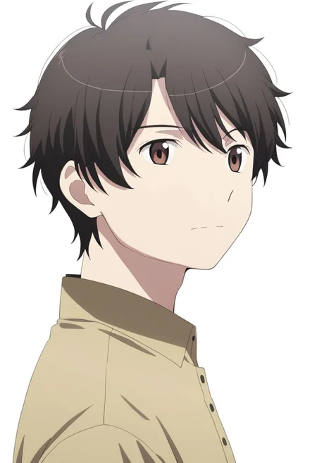 high resolution, solo, best quality, 1Boy, Inaho Kaizuka, Black Hair, Brown Eyes, potrait, dark shirt, looking at viewer, focused gaze forward, simple background, straight body, upper body, head upright, happiness, OverallDetail