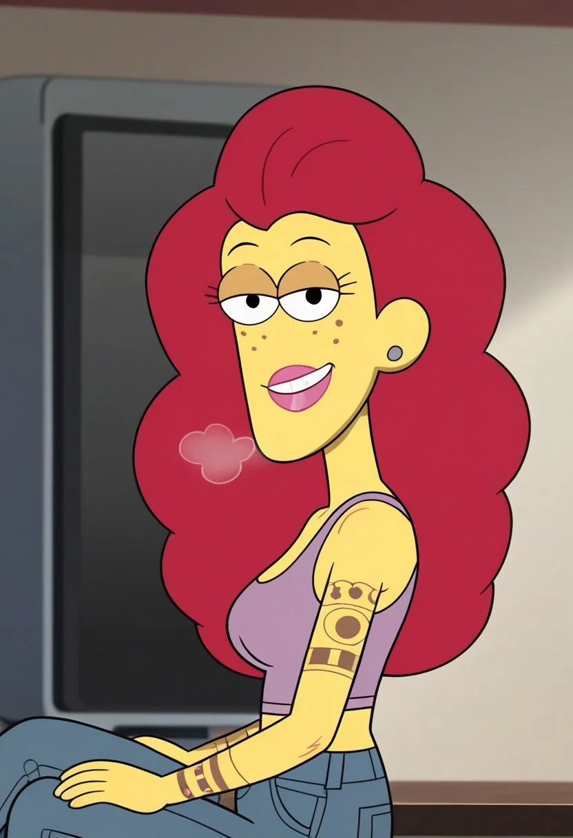 score_9, score_8_up, score_7_up,perfect face,show accurate,screen cap,black dot eyes,Nancy Green from Big City Greens,long hair,red hair,light yellow skin,,looking at viewer,black dot eyes,medium breasts,smile,full clothed,purple tanktop,jeans,, hard breathing, oiled body,, , , upper body,mature woman, milf, tattooed left arm,side view,trying to cover her breasts