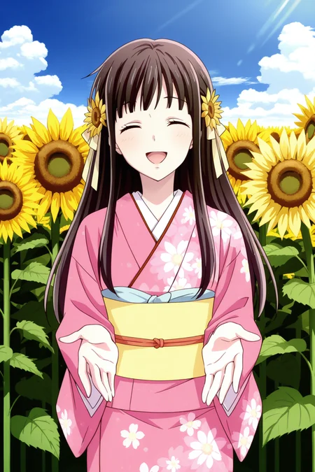 <lora:FruitsBasket:1>, FruitsBasket, 1girl, flower, sunflower, japanese clothes, solo, kimono, hair ornament, long hair, closed eyes, sunflower field, hair flower, sky, day, smile, cloud, field, open mouth, outdoors, flower field, floral print, sash, pink kimono, obi, black hair, outstretched hand, ribbon, brown hair, facing viewer