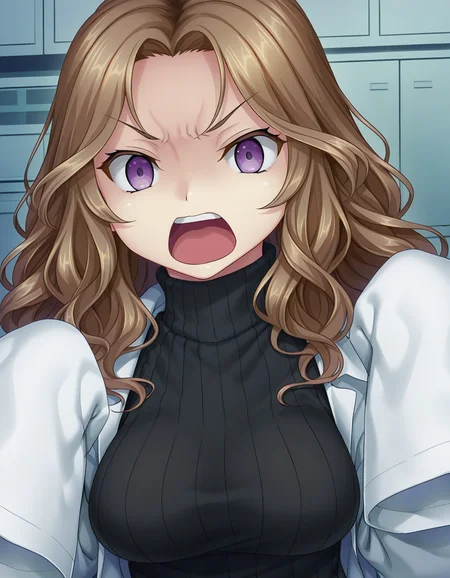 1girl, solo, Amamiya, brown hair, long hair, wavy hair, purple eyes, (big mouth, open mouth:1.2), v-shaped eyebrows, large breasts, black sweater, turtleneck, ribbed sweater, lab coat, sleeves past fingers, portrait, indoors, hopsital, (dark theme, low light:0.5) <lora:amamiya_sb_ilxl_v1:0.8>