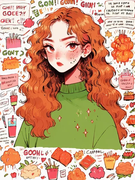 score_9, score_8_up, score_7_up, score_6_up, <lora:sk3tchb00kXLP:0.9> sk3tchb00k, 1girl, english text, long hair, ginger hair, food