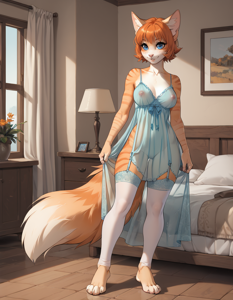 score_9,score_8_up,score_7_up,score_6_up,
indoors, bedroom, 
nude,see-through negligee,covered nipples,toeless thighhighs, garter belt, 
full body,seductive smile,parted lips,long eyelashes,
<lora:Vera_v01_PDXL:1>,
Vera,1girl,solo,furry female,short hair,orange hair,bangs,fox ears,blue eyes,freckles,snout,animal nose,body fur,two-tone fur,orange fur,white fur,striped,fox tail,
<lora:add-detail-xl:1>,