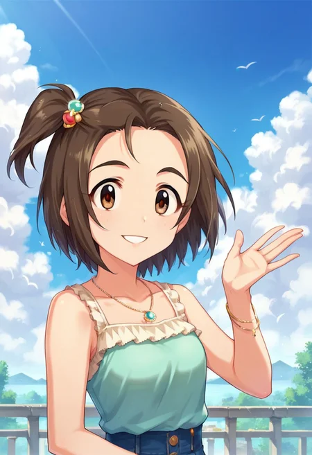score_9, score_8_up, score_7_up, source_anime,yanase miyuki, short hair, brown hair, brown eyes, one side up, jewelry, necklace, bracelet, solo focus, smile, 1girl, cloud, sky