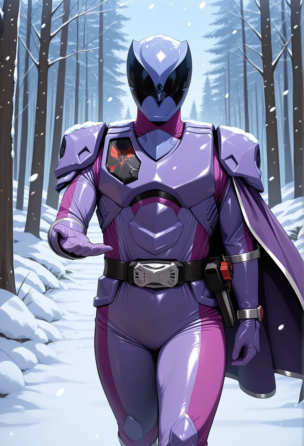 masterpiece, best quality, amazing quality, highres, absurdres, intricate detail, (kunaboto:0.4), (chamchami:0.4), 1girl, tokusatsu, papillon_ohger, purple helmet, helmet, stealth_visor, bodysuit, buckle, armor, gloves, silver trim, cape, gloves, side cape, cowboy_shot, walking, looking at viewer, outside, wind, snow, forest, snowing, sky
