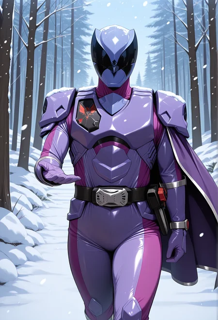 masterpiece, best quality, amazing quality, highres, absurdres, intricate detail, (kunaboto:0.4), (chamchami:0.4), 1girl, tokusatsu, papillon_ohger, purple helmet, helmet, stealth_visor, bodysuit, buckle, armor, gloves, silver trim, cape, gloves, side cape, cowboy_shot, walking, looking at viewer, outside, wind, snow, forest, snowing, sky