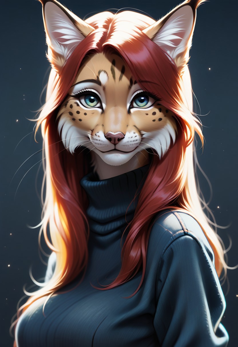 digital_media_(artwork) hi_res, score_9, score_7_up, score_6_up, source_furry, rating_safe, anthro, furry, female, furry female, detailed textured fur, fur tufts, lynx, red hair, blonde brown fur, spots, beautiful blue eyes, medium breasts, covered breasts, slim, slender, turtleneck sweater, denim jeans, smile, SFW,