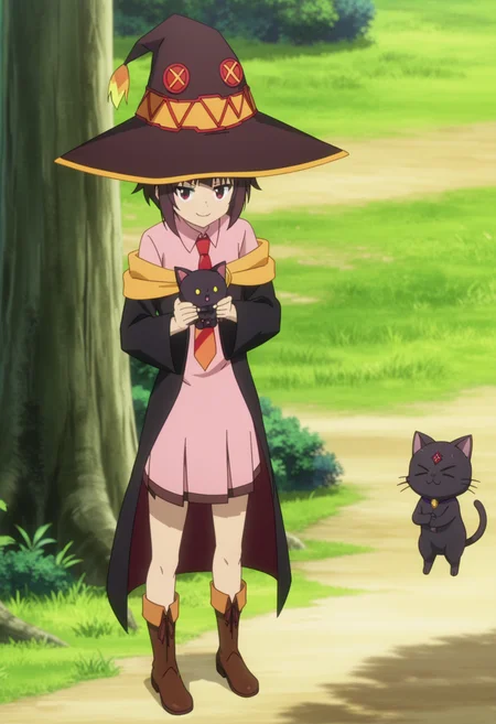 score_9, score_8_up, score_7_up, source_anime,
BREAK
1girl, solo, anime screencap, anime coloring,
<lora:shiMeguminV1:1.0>,
shimeguschool, academyuniform, short hair, skirt, brown hair, long sleeves, red eyes, pink dress, closed mouth, standing, outdoors, pleated skirt, boots, black cape, tree, black headwear, witch hat, animal, brown footwear, cat, grass, red necktie, meme, smug, holding animal, black cat, holding cat, chomusuke,
looking at viewer,