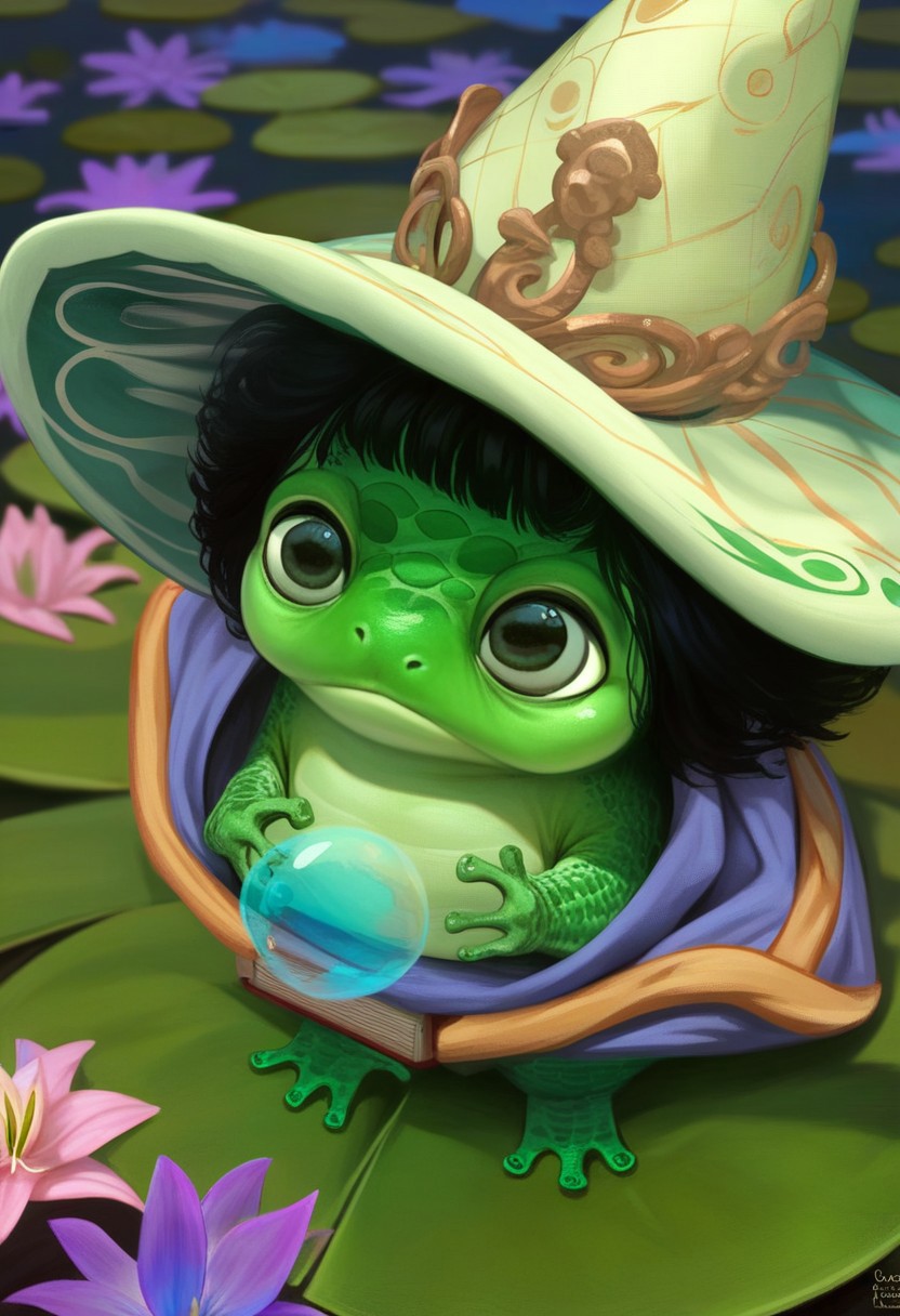 score_9, score_8_up, score_7_up, AxolotlWorldXLP, Expressiveh, extreme detail, source_anime, high quality, solo, 1 cute frog girl, feral, bright green skin, detailed scales, wizard hat, lily pad hat, magical book, holding feral frog, cute, colorful bubbles, abstract colors in background, short black hair, swimming, thinking, frown, puzzled, flowing cape, realistic, magical energies, from above, detailed frog skin