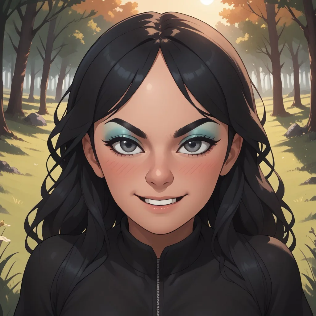 score_9, score_8, BREAK, solo, mii, wii, black hair, big nose, half-tree shaped nose, gray eyes, black eyebrows, makeup, blue eyeshadow, blush, open mouth, buck tooth, black clothing, black leggings, big breasts, 1girl, wii sports, female mii, shoes, Eva_(\Wii_Sports\), Nintendo Mii, modern_mii, classic_mii, attractive, sexy pose, self portrait, smile, outdoors, sunlight, shadows, evening lighting, natural lighting, forest, trees, grass, orange sky, sunset